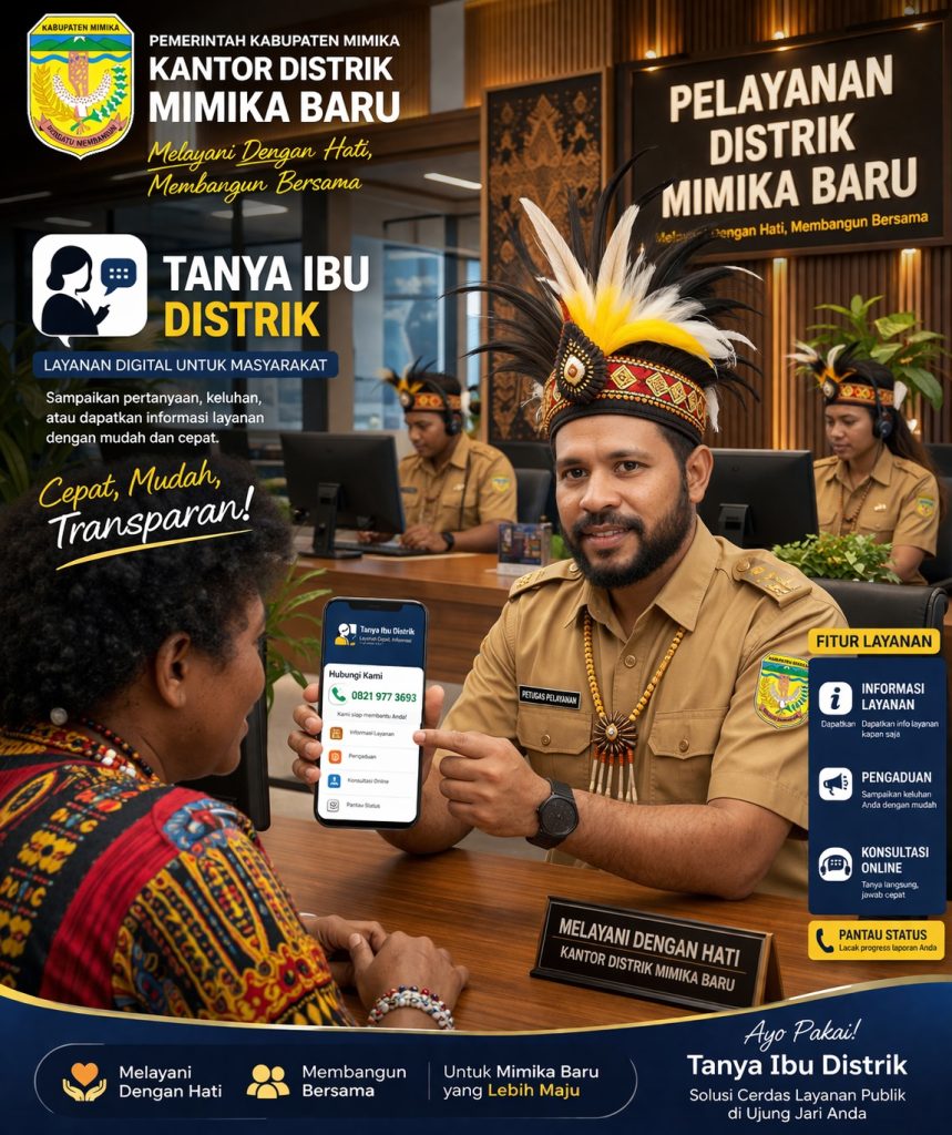 Poster layanan digital Tanya Ibu Distrik — Kantor Distrik Mimika Baru